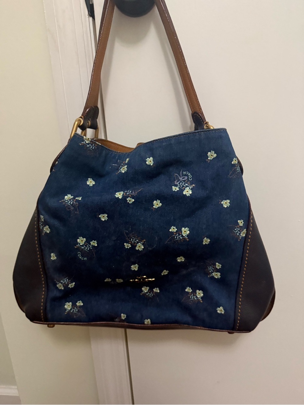 Coach Navy Floral Denim Shoulder Bag with Brown Trim